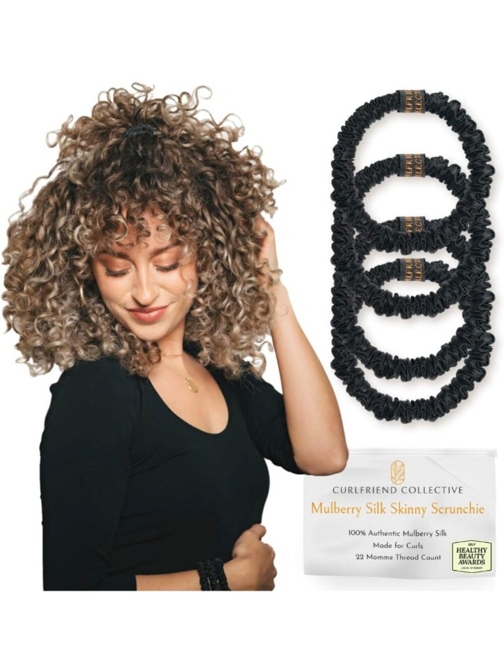 Silk Skinny Scrunchies for Women - 4 Pack, Onyx Black, Soft & Durable Hair Ties